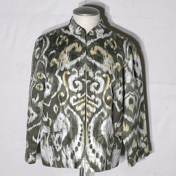 Chico’s Green Yellow Graphic Print Open Front Light Jacket XL - Picture 1 of 13